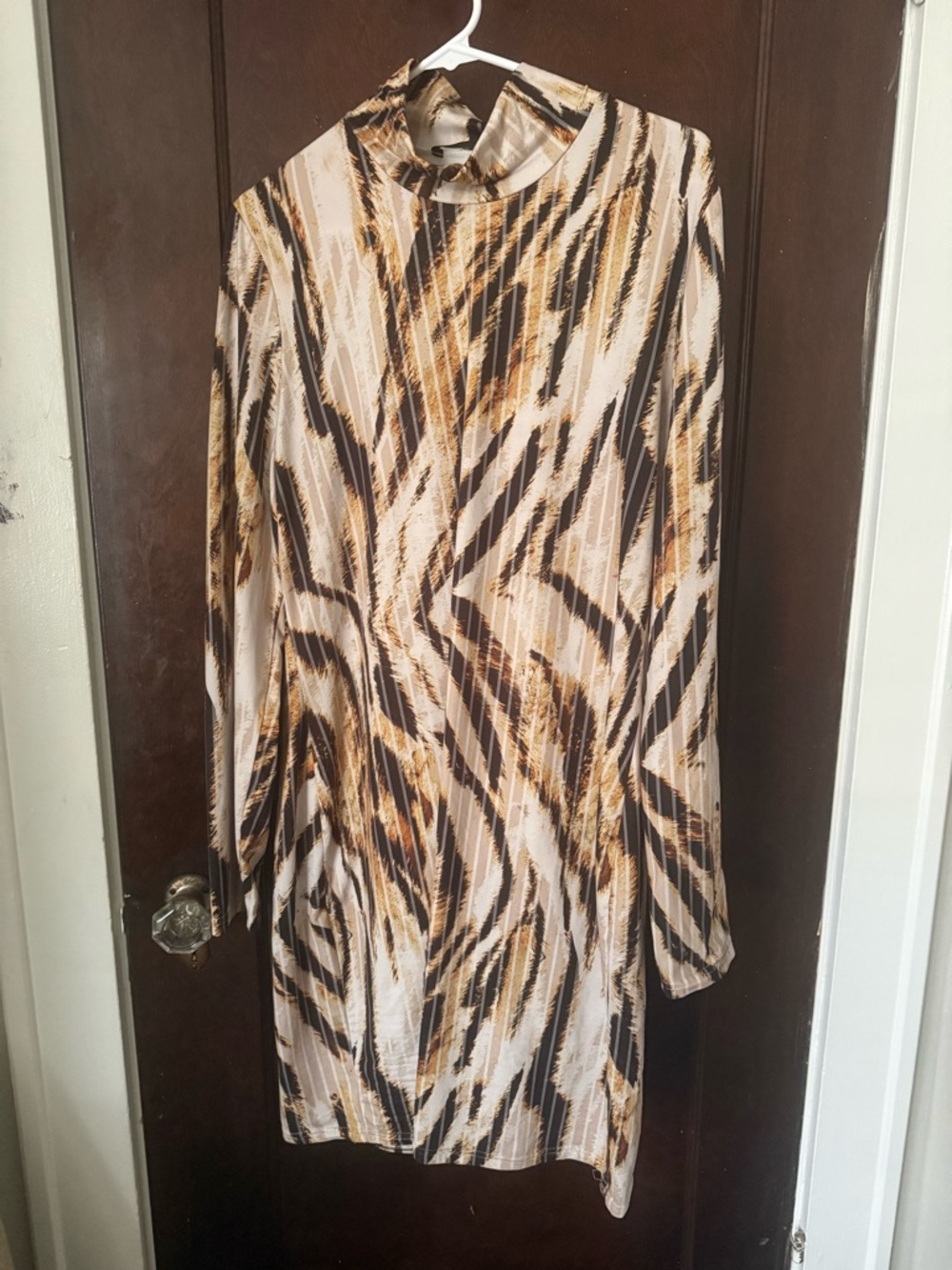 SHEIN Long-Sleeve Animal-Print Shift Dress in Beige, Brown, and Black